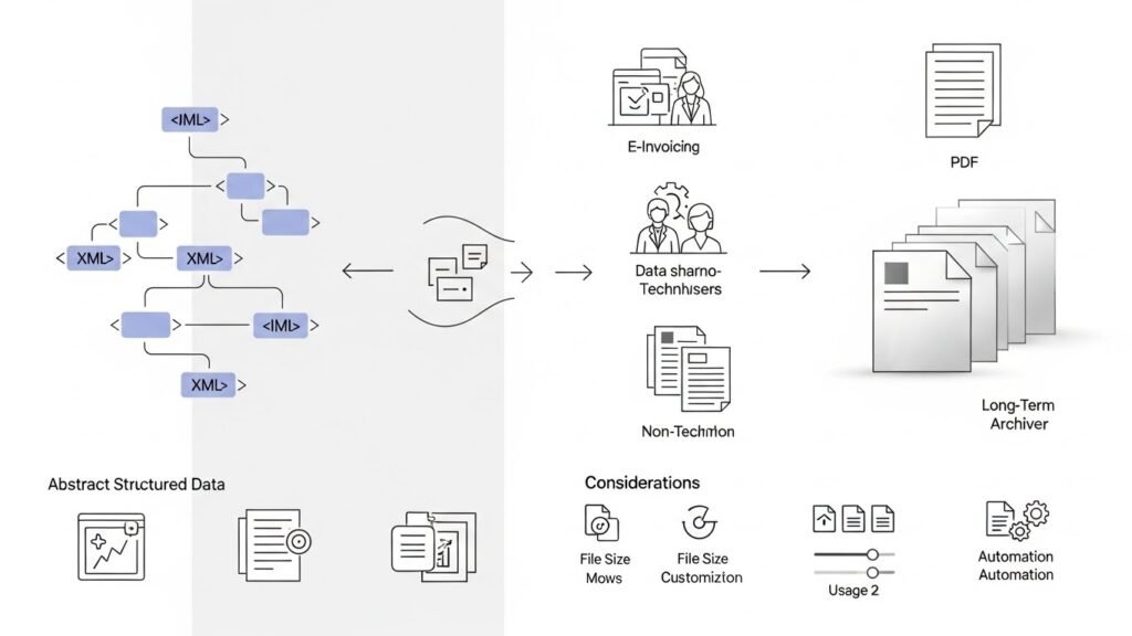 Create a clean, professional infographic-style illustration showing the XML to PDF conversion workflow and decision-making process: on the left, abstract structured data represented as hierarchical nodes and code-like shapes symbolizing XML; in the center, a smooth transformation flow with arrows indicating conversion; on the right, polished document pages symbolizing PDF files. Include visual scenes around the flow showing key use cases such as e-invoicing, reporting, data sharing with non-technical users, and long-term archiving, represented through simple icons and document stacks. Add a secondary visual layer showing considerations and limitations using minimal symbols like file size gauges, customization sliders, usage counters, and automation gears. The overall style should be modern, high-resolution, business-oriented, neutral color palette, minimalistic, no text labels, no logos, no branding, designed for evergreen software and workflow blog content. 