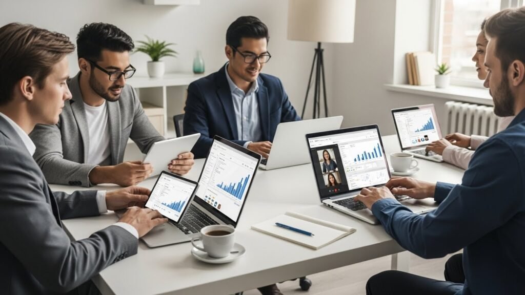 A realistic, high-resolution stock-style photo showing a modern remote work collaboration scene, with a small diverse team working from different locations through laptops and tablets, visible video call windows and shared digital dashboards on screens without readable text, set in clean home office and co-working environments, natural daylight lighting, neutral and professional color tones, authentic candid atmosphere, focus on productivity, teamwork, and digital collaboration, shallow depth of field, sharp details, blog-hero composition, trustworthy and modern business aesthetic, no logos, no branding, no decorative elements, fully Google-safe and evergreen. 