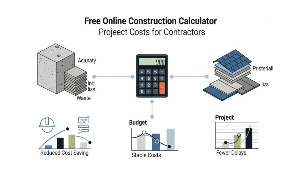 How a Construction Calculator Online Free Helps Reduce Project Costs Saving time is important, but cost savings often have the biggest impact on profitability. Free online construction calculators help contractors cut costs in several practical ways. Minimizing Material Waste Overordering materials leads to wasted money and storage problems. Underordering causes delays and rush fees. Using tools like a free concrete slab calculator online or roofing estimator ensures you order the right amount the first time. Better Budget Forecasting Accurate quantity calculations help contractors estimate labor and material costs more realistically. This leads to better project pricing and fewer surprises during construction. Avoiding Expensive Software Subscriptions Many professional estimating tools come with monthly or yearly fees. While advanced platforms may be useful for large companies, smaller contractors can rely on free tools for everyday calculations, especially when evaluating contractor estimating software deals 2026 before committing to paid solutions. Common Types of Free Construction Calculators Contractors Use Different construction tasks require different calculation tools. Below are some of the most commonly used free online calculators and how they help. Free Concrete Slab Calculator Online A free concrete slab calculator online helps determine the volume of concrete required for slabs, footings, or foundations. Contractors simply enter the length, width, and thickness, and the calculator provides the total volume. This tool is especially useful for: Residential driveways and patios Commercial flooring projects Foundations and structural slabs By knowing the exact concrete volume, contractors can avoid ordering excess material and reduce disposal costs. Free Roofing Material Estimator Tool Roofing calculations can be complex due to slopes, angles, and waste factors. A free roofing material estimator tool simplifies this process by estimating shingles, underlayment, and accessories based on roof dimensions. This helps roofing contractors: Prepare accurate bids Reduce leftover materials Improve installation planning Area and Volume Calculators Basic area and volume calculators are useful for flooring, painting, drywall, and insulation projects. These tools ensure accurate measurements, even for irregular spaces. Free Online Calculators vs Paid Estimating Software Many contractors wonder whether free tools are enough or if paid software is necessary. The answer depends on the size and complexity of your projects. Free construction calculators are ideal for: Small to mid-sized contractors Freelance builders and remodelers Quick on-site calculations Paid estimating platforms often include advanced features like project management, cost databases, and reporting. Contractors exploring contractor estimating software deals 2026 may find paid tools useful for large-scale operations, but free calculators remain valuable for daily tasks. Real-World Benefits for Contractors Contractors who consistently use free online construction calculators often notice improvements across their workflow. More Competitive Bids Accurate estimates allow contractors to submit competitive bids without underpricing or inflating costs unnecessarily. This improves win rates while protecting profit margins. Improved Client Trust Clear, well-calculated estimates build confidence with clients. When actual costs match initial estimates, clients are more likely to recommend your services. Less Stress During Projects Knowing that calculations are accurate reduces uncertainty and stress. Contractors can focus more on execution and quality instead of fixing avoidable mistakes.