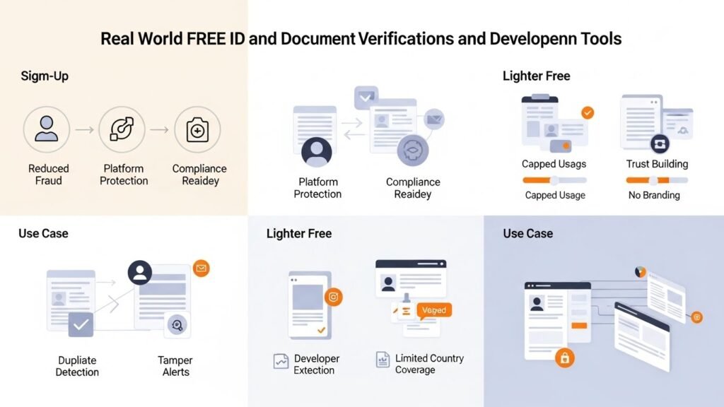 Real-World Benefits of Using Free Verification Tools Even with basic features, free tools can make a real difference: Reduce fake account creation Protect platforms from chargebacks and abuse Improve compliance readiness Build trust with users and partners For startups and side projects, using free document verification is often better than having no verification at all. Comparing Stripe Identity Alternatives for Free Use Stripe Identity is a popular paid solution, but many users look for lighter or free options before committing. When you compare Stripe Identity alternatives, especially free ones, here’s what typically stands out: Limited free monthly verifications API access with usage caps Basic ID and document checks Fewer supported countries compared to Stripe Free alternatives are ideal for testing workflows, MVPs, or internal tools. While they may not offer full compliance coverage, they still handle common fraud scenarios effectively. Key Features to Look for in Free Alternatives Not all free tools are equal. Focus on these features: OCR accuracy: Clean data extraction reduces false positives Document type support: IDs, passports, and proof of address Fraud signals: Duplicate detection and tampering flags API availability: Even limited access is valuable for automation These features allow free tools to deliver meaningful protection without overwhelming complexity. Best Free ID Verification API: What “Free” Really Means When searching for the best free ID verification API, it’s important to understand how providers define “free.” In most cases, free access includes: Trial-based API usage Monthly verification limits Sandbox or test environments Core verification features only This setup is perfect for developers who want to validate integrations, test fraud detection logic, or run low-volume verification. Use Cases Where Free APIs Work Best Free ID verification APIs are especially useful for: Startups validating product-market fit Freelancers building client demos Internal tools and admin dashboards Low-risk or invitation-only platforms As volume increases, upgrading becomes necessary, but free APIs provide a solid foundation. Limitations You Should Be Aware Of Free tools are powerful, but they’re not magic. Common limitations include: Lower verification volume Limited country coverage No advanced biometric checks Basic reporting and analytics Understanding these limits helps you set realistic expectations and avoid over-reliance. document verification tools online free​