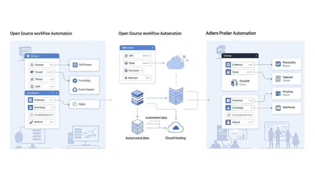 Create a high-resolution, clean infographic-style illustration depicting the open source workflow automation landscape in 2026: three distinct but generic automation platforms represented as modular workflow diagrams with nodes and connecting lines, showing drag-and-drop style flows, API connections, and event-based triggers; a side-by-side visual comparison using abstract panels and icons (no text) to imply differences in flexibility, integrations, and hosting options; a central flow illustrating automated data moving between apps, servers, and cloud services; background elements suggesting self-hosted servers, cloud hosting, and team collaboration through subtle silhouettes and dashboards; modern professional color palette, minimalistic UI-inspired shapes, balanced spacing, no logos, no labels, no text, no brand references, no clutter, designed for an authority tech blog infographic with clear visual hierarchy and conceptual clarity. 
