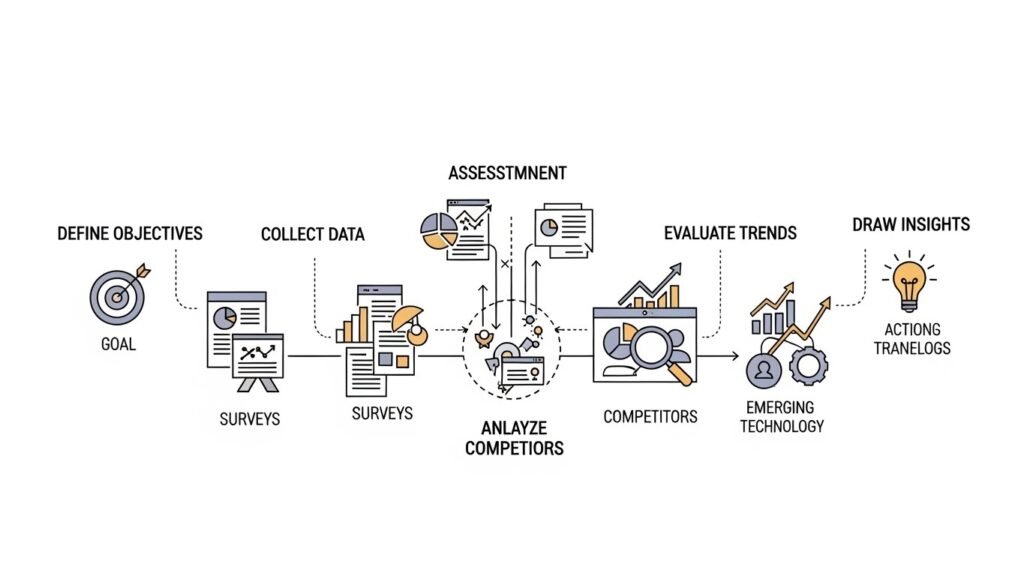 Market assessment analysis process showing data collection and competitive research