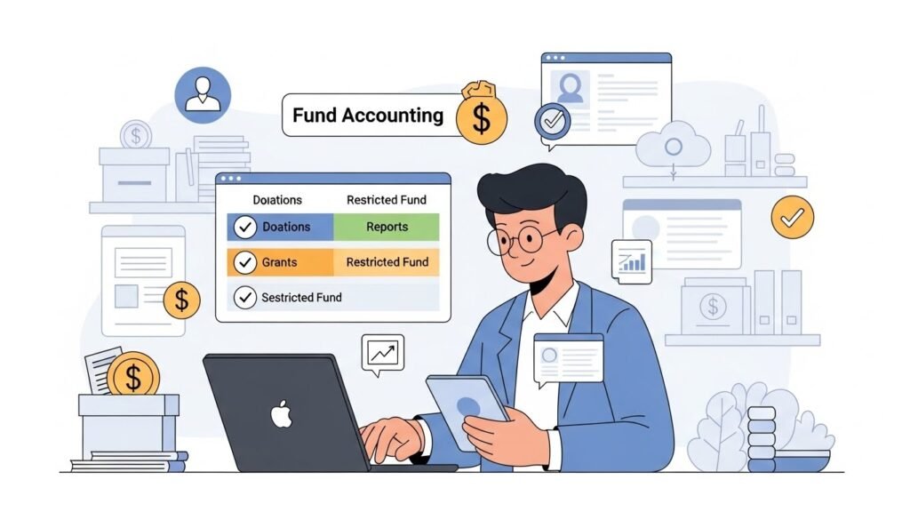 Illustration of a nonprofit manager and small team using free nonprofit accounting software on a laptop and tablet, showing color-coded fund accounting sections for donations, grants, and restricted funds, with floating icons for donors, reports, and checkmarks in a tidy nonprofit office.