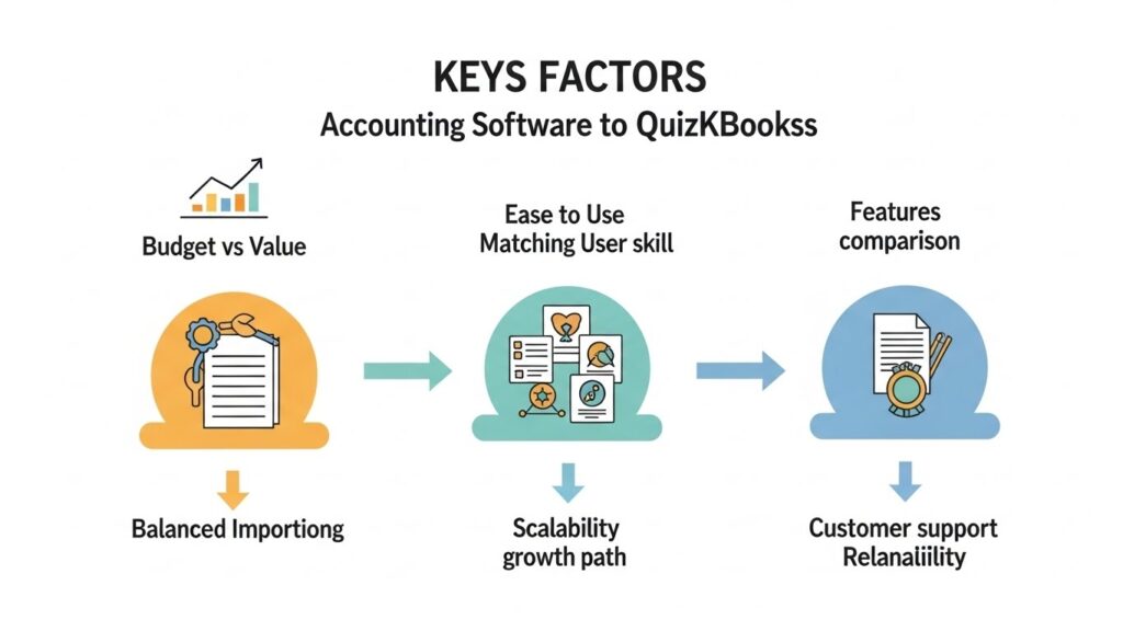 Factors to Consider When Choosing an Alternative Selecting the right accounting software alternative to QuickBooks depends on your business needs. Keep these factors in mind: Budget: Evaluate subscription costs vs. value provided. Ease of use: Ensure the software matches your team’s accounting knowledge. Features: Compare invoicing, expense tracking, payroll, reporting, and integrations. Scalability: Choose software that can grow with your business. Customer support: Reliable support is crucial for small business owners.