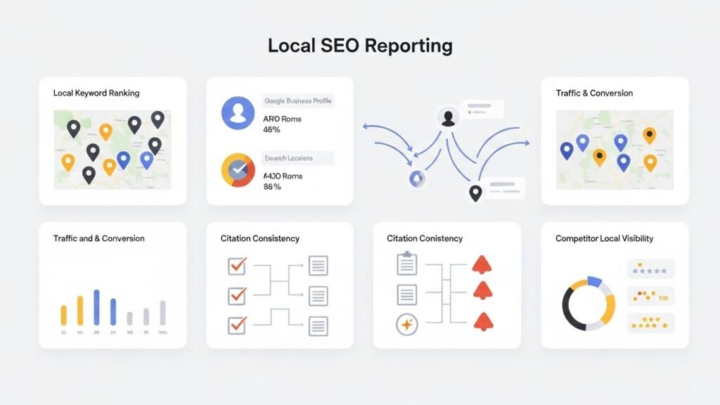 Create a clean, professional infographic-style illustration depicting the core functions of local SEO reporting tools: a conceptual dashboard layout showing interconnected modules for local keyword ranking tracking (charts with pins on a map), Google Business Profile performance metrics (profile icons with analytics overlays), traffic and conversion attribution (flowing arrows from search results to business locations), citation consistency monitoring (checklist icons connecting multiple directories), review tracking and alerts (notification symbols with star ratings), and competitor local visibility comparisons (side-by-side map markers and charts). Use a balanced, modern color palette, minimalistic design, soft lighting, and clear visual hierarchy, emphasizing clarity, data-driven insights, and actionable reporting without text, branding, or decorative clutter.