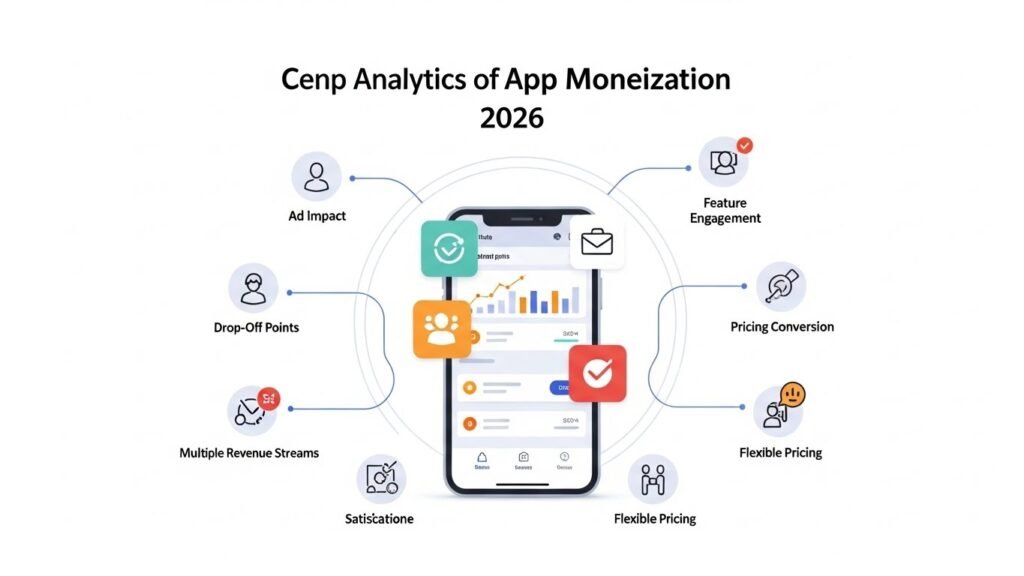 High-resolution, professional infographic-style illustration showing the central role of app analytics in monetization for 2026. Visualize a mobile app dashboard at the center with connected elements representing key insights: user drop-off points, feature engagement, pricing conversion, and ad impact. Include icons or small conceptual visuals for multiple revenue streams, privacy compliance, and flexible pricing. Show balance between revenue and user experience with subtle scales or visual indicators of satisfaction vs. monetization. Clean, modern, SEO-friendly color palette, minimalistic design, high clarity, no text, no branding, conceptual data flow illustration, suitable for tech blog or app monetization article. 