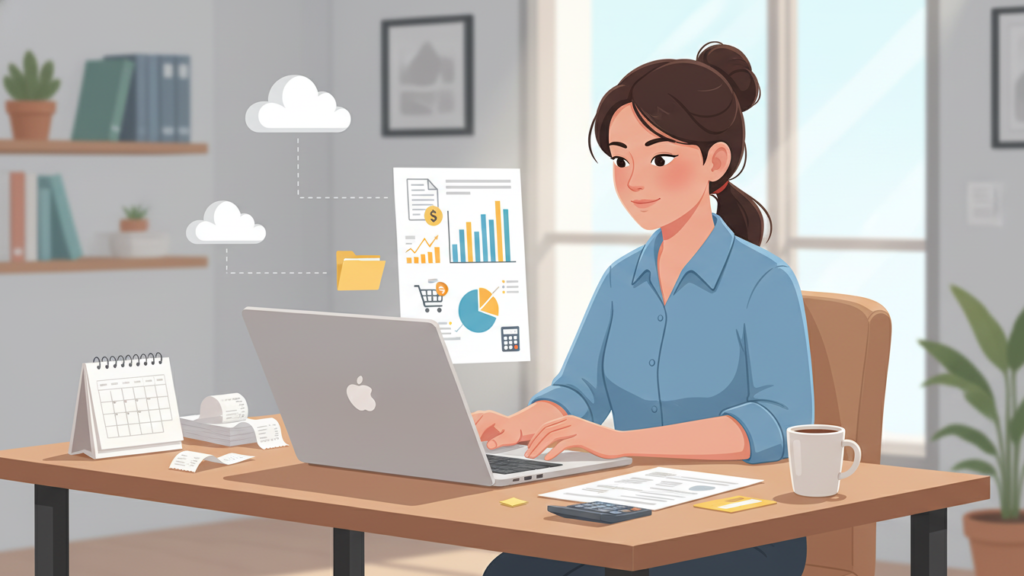 Small business owner using free accounting software on a laptop to manage expenses, invoices, and financial reports