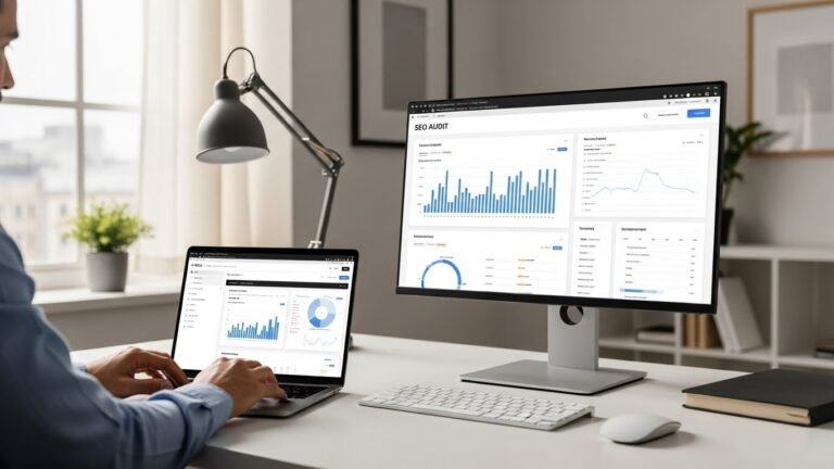 Detected Topic White Label SEO Audit Tool for Digital Marketing Agencies A realistic, high-resolution professional stock-style photo of a modern digital marketing agency workspace where a consultant is reviewing SEO audit analytics on a laptop and external monitor, showing clean data charts and website performance metrics without readable text, in a minimalist office environment with natural light from a window, neutral color tones, soft shadows, and shallow depth of field, conveying trust, professionalism, and business credibility, suitable for an authority blog about white label SEO audit tools and agency performance optimization, with realistic lighting, sharp focus, and a clean, uncluttered composition optimized for long-term SEO blog usage.